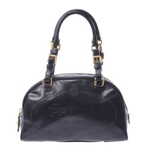 Prada black leather embossed logo bowler bag